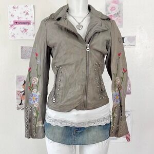 Rare Gipsy Y2K Grey Faux Leather Moto Jacket Floral Embroidery —‎ Indie Sleaze